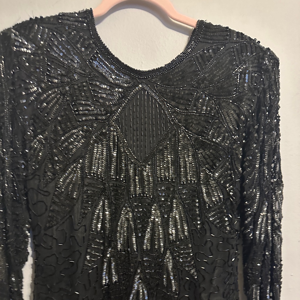 Vintage - Black Sequin Long Sleeve Gown With Cutout Back Detail - Size S